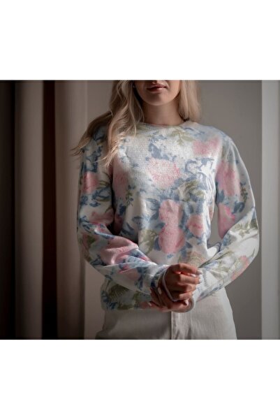 Lavanta Tekstil Crew Neck Floral Patterned Sweater