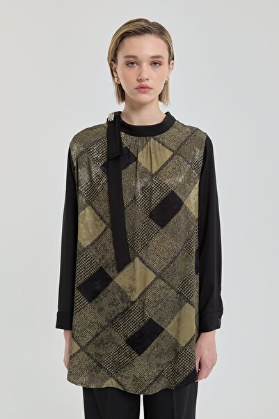 Nihan Rahat Kalıp Desenli Yaka Detaylı Tunik Haki