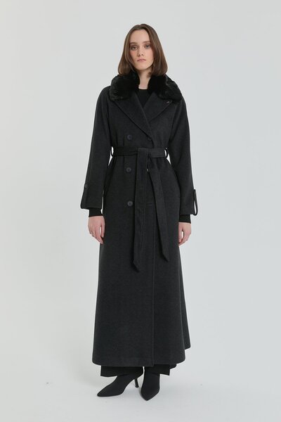 Nihan Kürk Yakalı Kruvaze Manto Füme