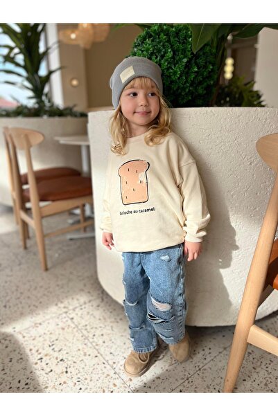 Magu Girl's Cotton Cream Printed Sweatshirt and Ripped Detailed Denim Pants Set