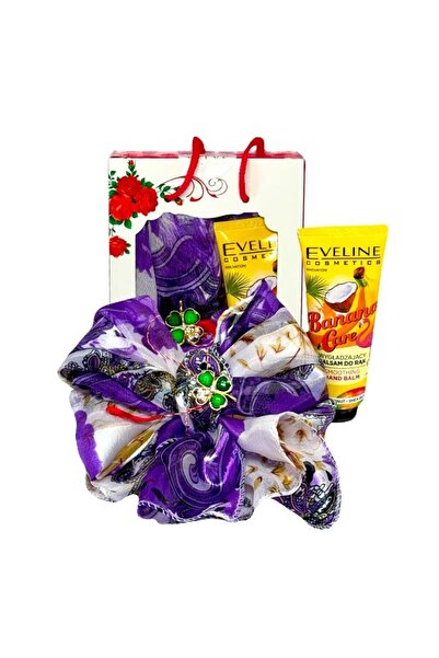 velve March package, satin scarf, four-leaf clover brooch, Eveline hand cream, Purple