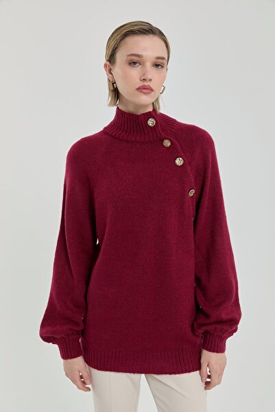 Nihan Düğme Detaylı Triko Tunik Bordo