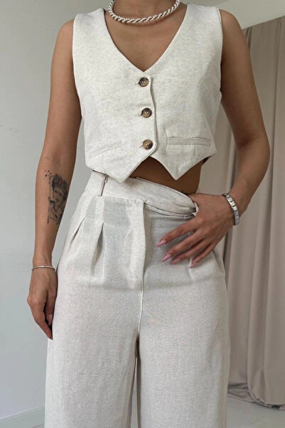 GENCULUS Beige Buttoned Front Vest and Trousers Set