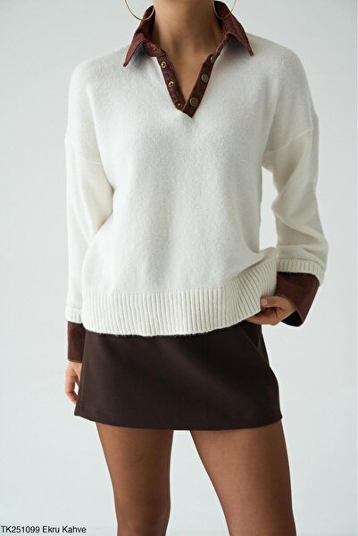 CADDELAMODA Women's Collar and Sleeve Detailed Knitwear Sweater