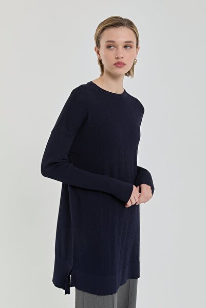 Nihan Ağaç Kabuğu Rayon Triko Tunik Lacivert