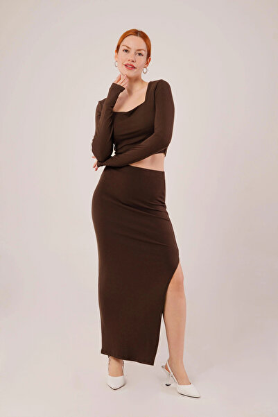 GENCULUS Square Collar Blouse and Slit Detailed Skirt Double Brown Set