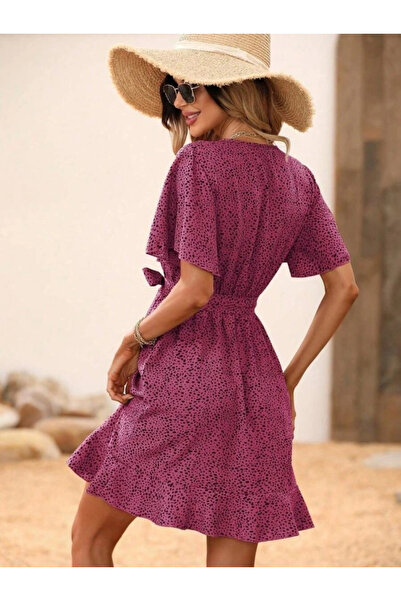 GENCULUS Women's Short Butterfly Sleeve Double Breasted Collar Waist Belted Short Patterned Single Jersey Dress