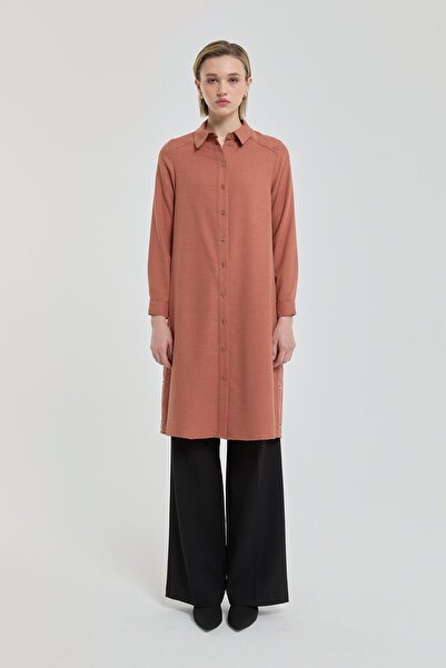 Nihan Kuşgözü Detaylı Gömlek Yaka Tunik Kiremit