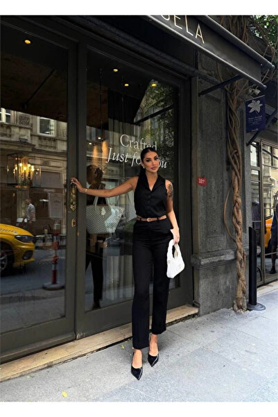 GENCULUS Keten Dube Paça Deri̇ Taba Keeri̇ Pantoon Black