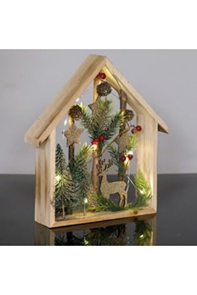 Jumbo Christmas Decoration Wooden House with Reindeer Berries Fir with Champagne Glitter & Light