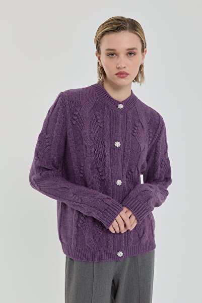 Nihan Taş Düğmeli Saç Örgülü Triko Hırka Mor