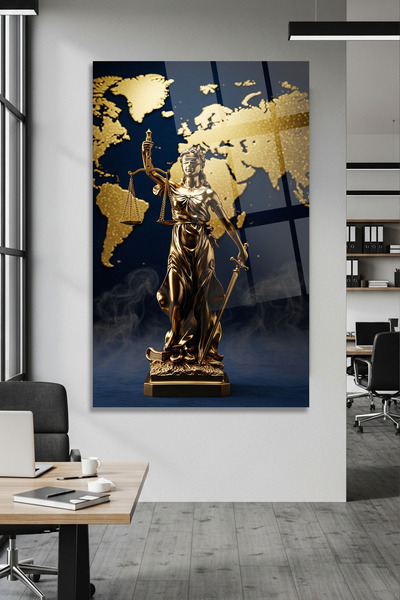 TAULART Themis Statue Design with World Map Glass Table Modern Unbreakable Glass Table Law Office Table