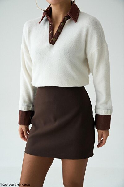 CADDELAMODA Women's Collar and Sleeve Detailed Knitwear Sweater