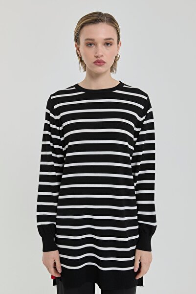 Nihan Çizgili Rayon Triko Tunik Siyah