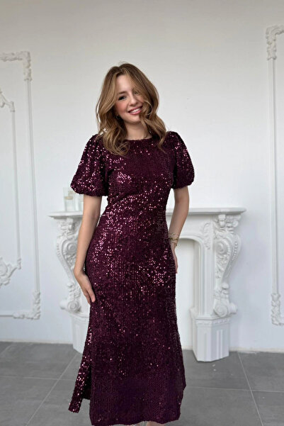 HELİS BUTİK Rochie strălucitoare cu paiete, pernițe pentru umeri piese, cu paiete, prune