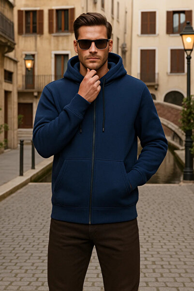 DAMGA JEANS Men's Winter Hooded Blue Zippered Oversized Sweat