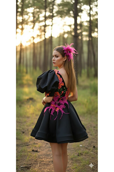 Zeyn KADIN ABİYE DERİN V YAKA BROKAR KUMAŞ KLOŞ MİNİ ELBİSE