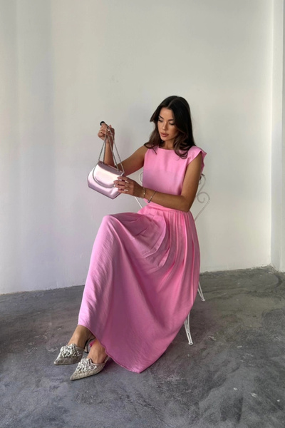 GENCULUS Chain Sleeve Blouse Maxi Skirt Set Pink