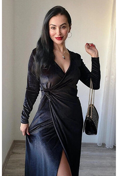 GENCULUS Women's Long Sleeve Double Breasted Collar Slit Velvet Dress