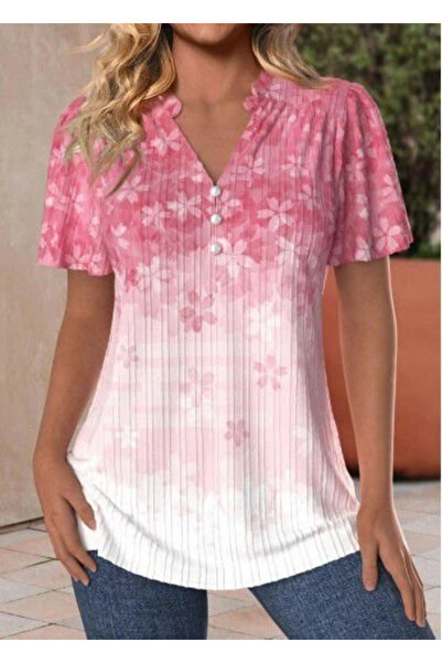 GENCULUS Women's Short Sleeve V Neck Buttoned Floral Printed Cotton Blouse