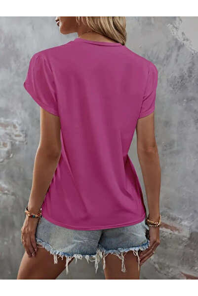 GENCULUS Women's Short Sleeve Crew Neck Pocket Sequin Sequin Detail Viscose Blouse