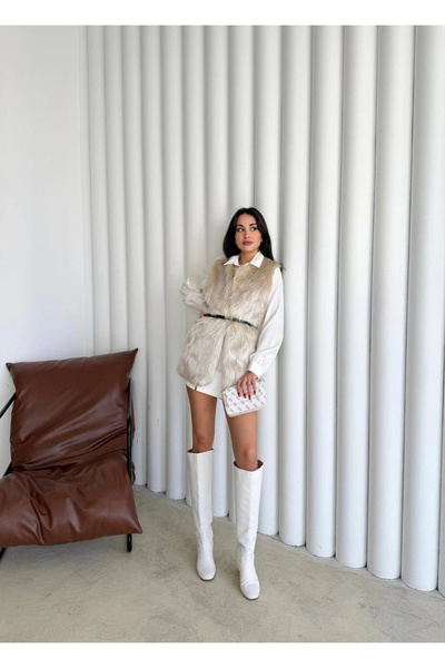 Pullaps Kemerli Astarlı Kürk Yelek Ekru