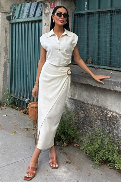 GENCULUS Blouse with Drawstring and Skirt with Buckle Linen Suit 10204