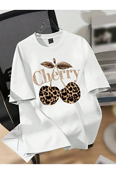 shi dumanlar giyim Oversize Bay/ Leopar Cherry Baskılı Penye Tshirt