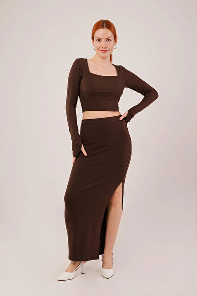 GENCULUS Square Collar Blouse and Slit Detailed Skirt Double Brown Set