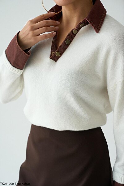 CADDELAMODA Women's Collar and Sleeve Detailed Knitwear Sweater