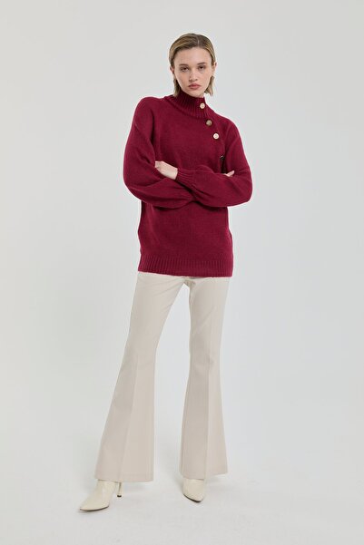 Nihan Düğme Detaylı Triko Tunik Bordo