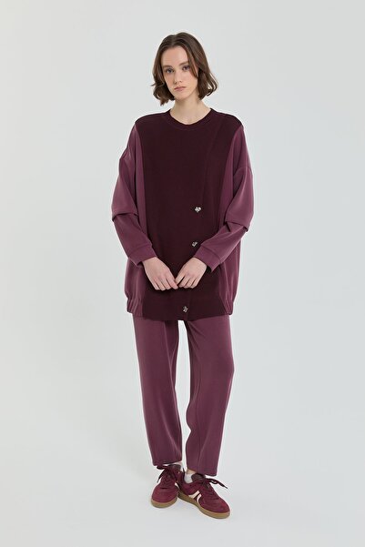 Nihan Triko Kombinli Örme Pantolon Tunik Takım Bordo