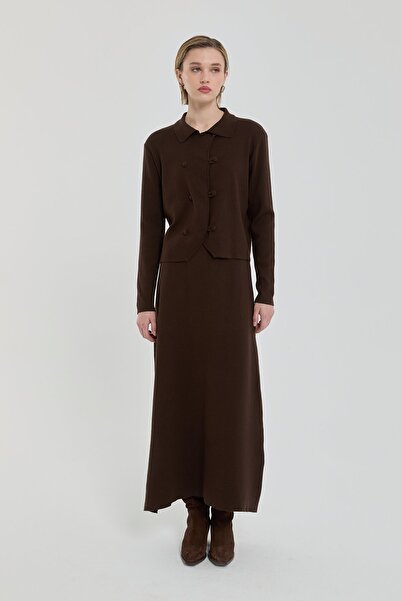 Nihan Düğme Detaylı Triko Etek Ceket Takım Kahve