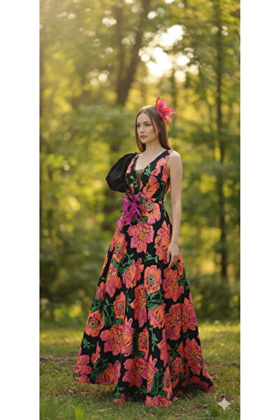 Zeyn KADIN ABİYE DERİN V YAKA BROKAR KUMAŞ UZUN A KESİM ELBİSE