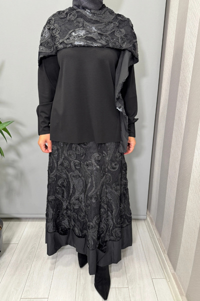 MissWhence Lace Skirt Blouse Set Black (Sequined) 38219