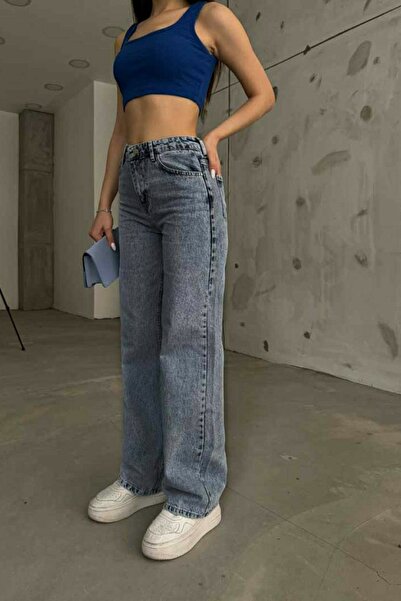 DRC trend Evelina 90`S Stretch Fabric Casual Women's Medium Snow Blue Super High Waist Wide Leg Denim Jeans