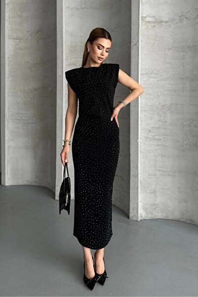 Varyete Stone Detail Crew Neck Slit Shoulder Pad Piece Dress