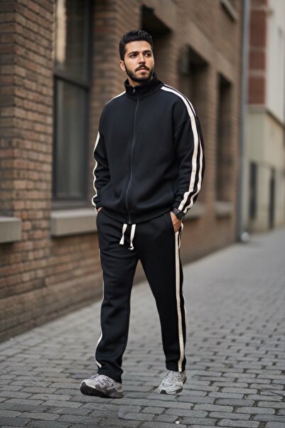 BİRBEYSTORE Lower Upper Set Striped Detail 3 Thread Tracksuit Set Zippered Comfortable Fit Elastic Waist