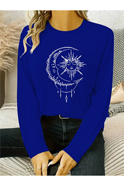 GENCULUS    Women's Long Sleeve Crew Neck Moon Printed Viscose Blouse