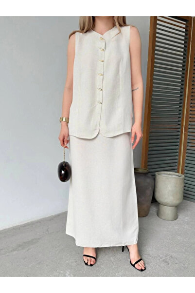 GENCULUS Linen Sleeveless Cardigan Skirt Two-Piece Set White