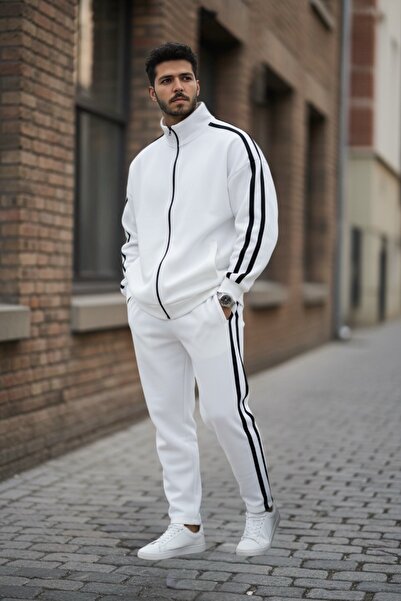 BİRBEYSTORE Lower Upper Set Striped Detail 3 Thread Tracksuit Set Zippered Comfortable Fit Elastic Waist