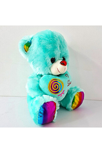 velve BUBU plush bear, with heart, love sounds and Lollipop print, height 24 cm, Turquoise