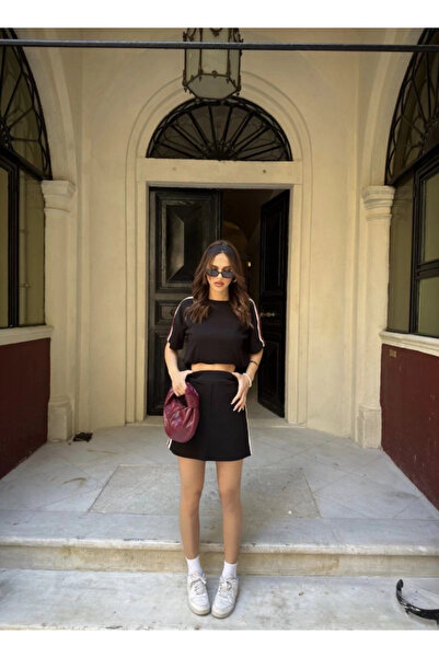 GENCULUS Osy Odal Soft Textured Fabric Patchwork Crew Neck T-Shirt with Shorts Skirt Two-Piece Set Black