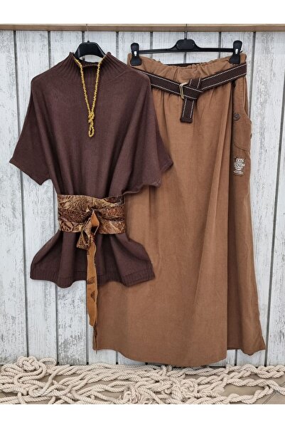 pudubutik Loose Cut Velvet Long Skirt Camel