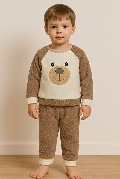 Bubito Teddy Bear Embroidered Baby & Kids Winter Plush Welsoft Top and Bottom Set - Brown