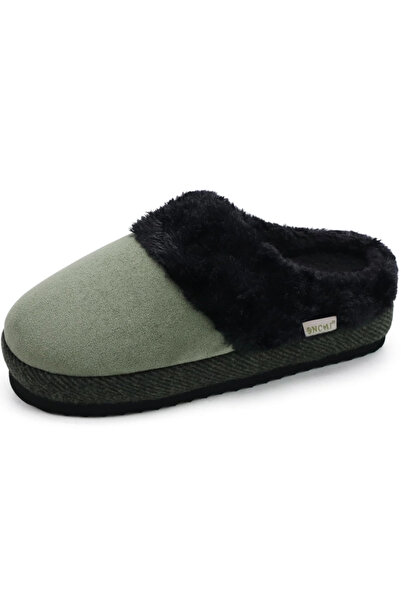 OEM Papuci de damă cu blană, talpă antiderapantă, mărimea 40, verzi cu negru