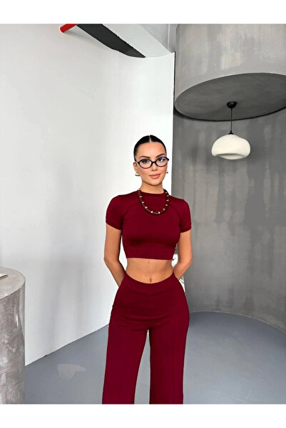 GENCULUS Osy Odal Soft Textured Fabric Short Sleeve Crop Bottom Flared Pants Double Set Burgundy