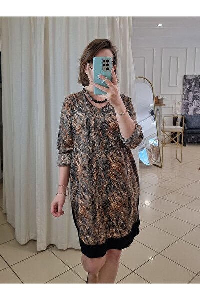 pudubutik Brown Patterned Tunic Satin Dress