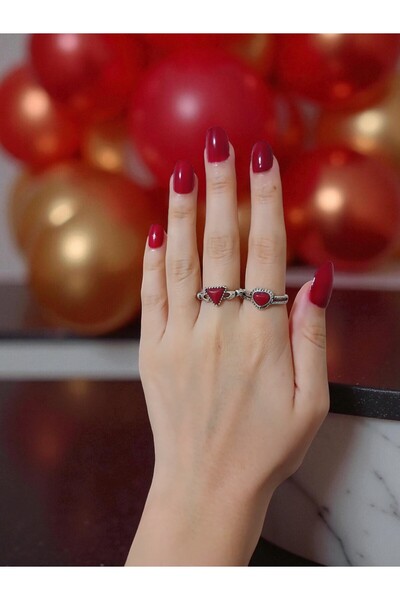 MODA 2'li Retro Yüzük Seti-Cherry Red