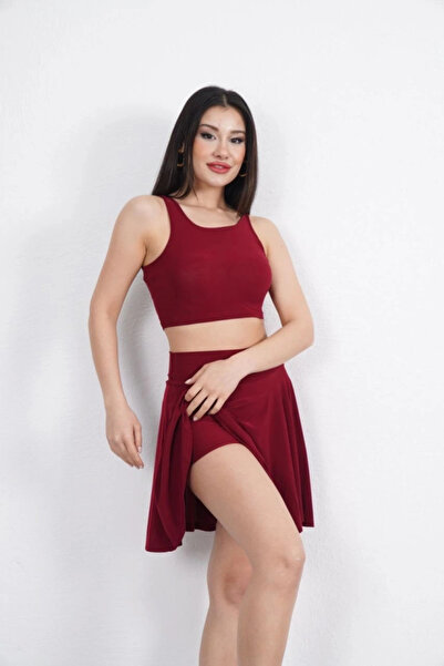 GENCULUS Endy Fabric Crew Neck Crop Shorts Skirt Two-Piece Set Burgundy